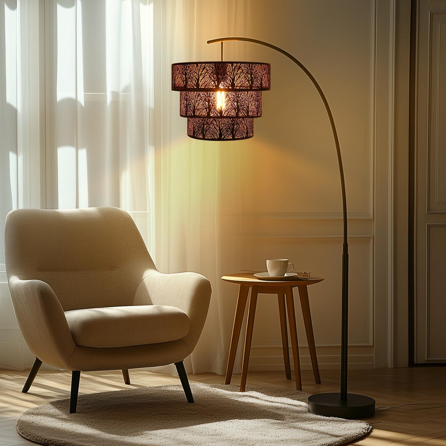 3-Tier Drum Lampshade | Forest Tree Design for Floor & Pendant Lights